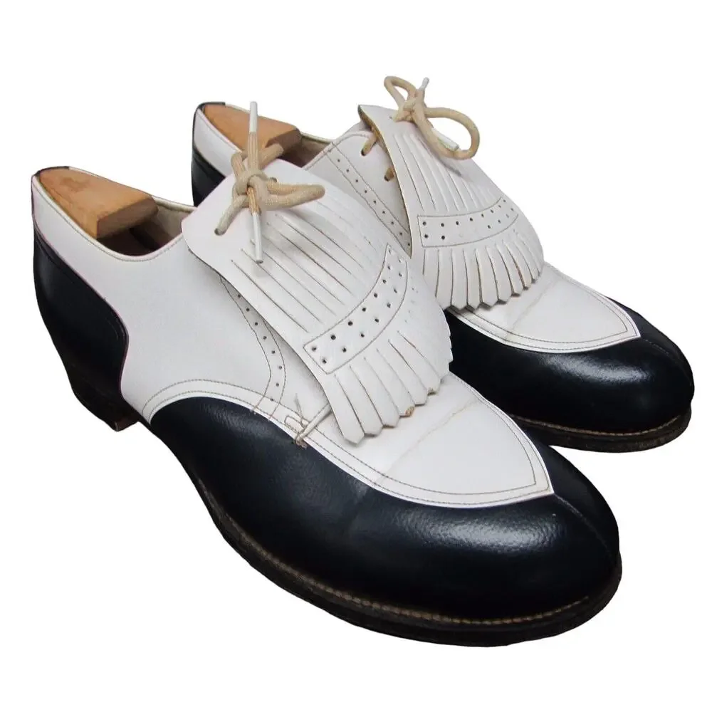 VINTAGE DUPONT CORFAM BLACK WHITE WINGTIP GOLF SHOES WITH CLEATS 6